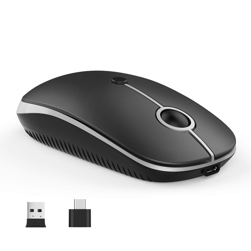 VssoPlor Type C Wireless Mouse, USB C MacBook Wireless Mouse Dual Mode Cordless Mice with USB and Type C Receiver Compatible with PC, Laptop, MacBook and All Type C Devices-Black and Silver - Image 1